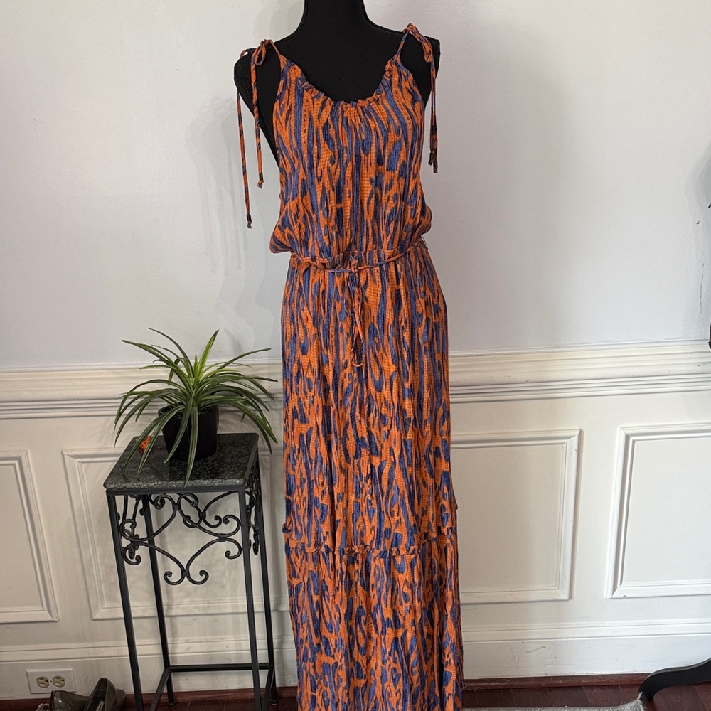 Sleeveless Tie-Shoulder Maxi Dress in Orange and Blue